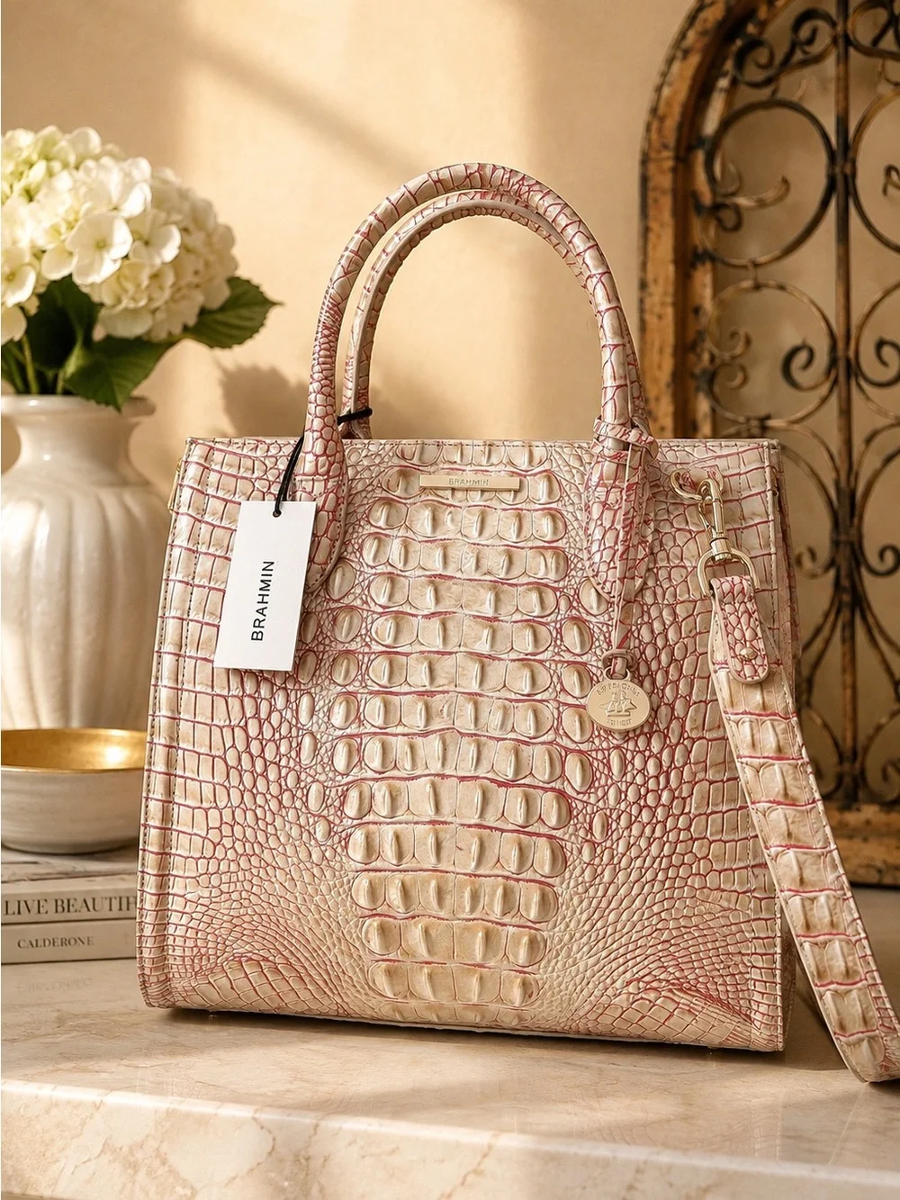Brahmin Caroline Satchel Sunkiss Melbourne Croc Embossed Leather NWT old money